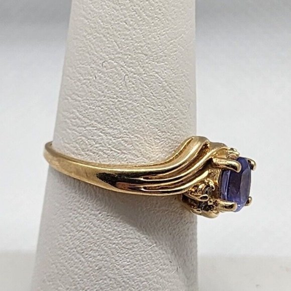 14K YELLOW GOLD RING TANZANITE & DIAMONDS SIZE 6 - Picture 2 of 9